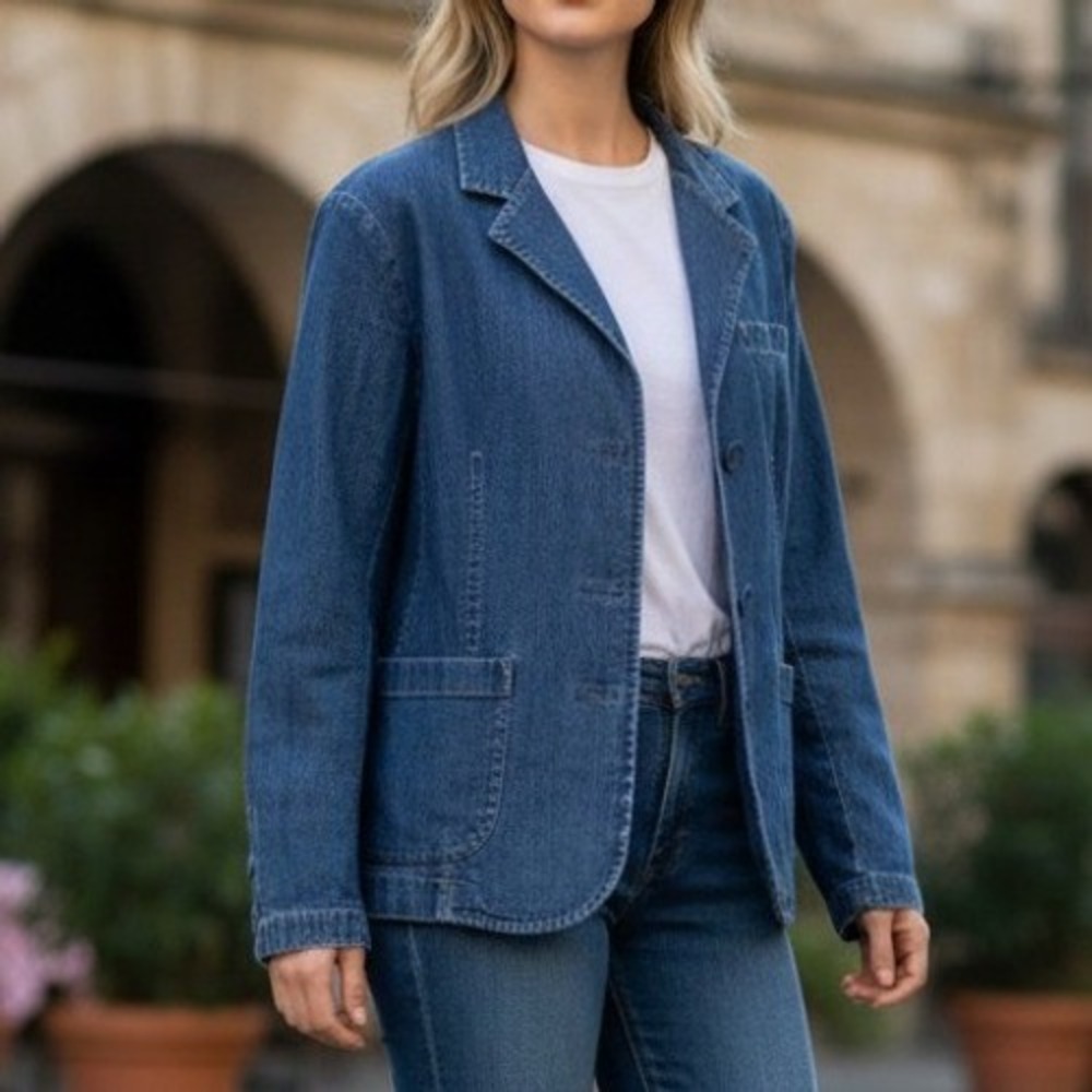 Talbots Denim Blazer L Blue Stretch Cotton Two Button Casual Professional Jacket